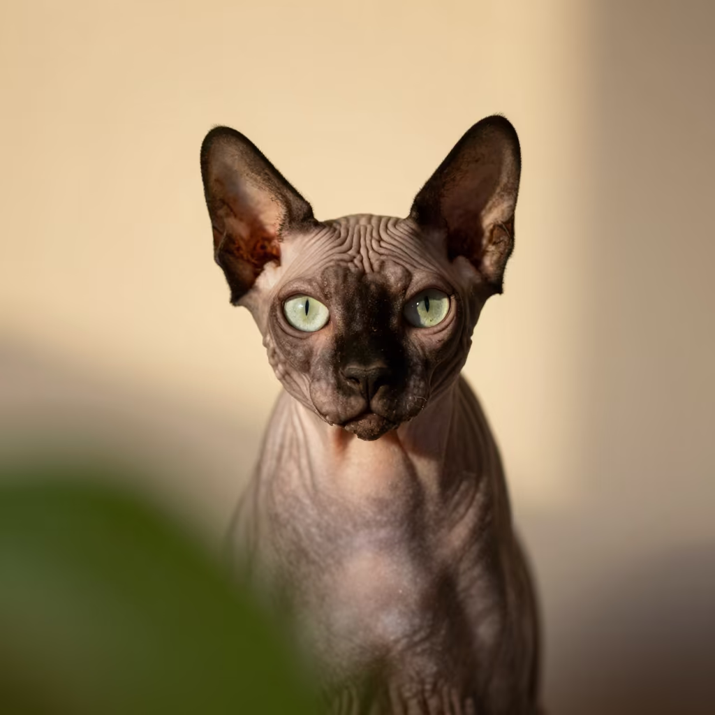Peterbald Cat Portrait With Distinctive Skin Texture in beside a plain plaster wall in soft indoor light with the animal centered in frame in Alcobendas