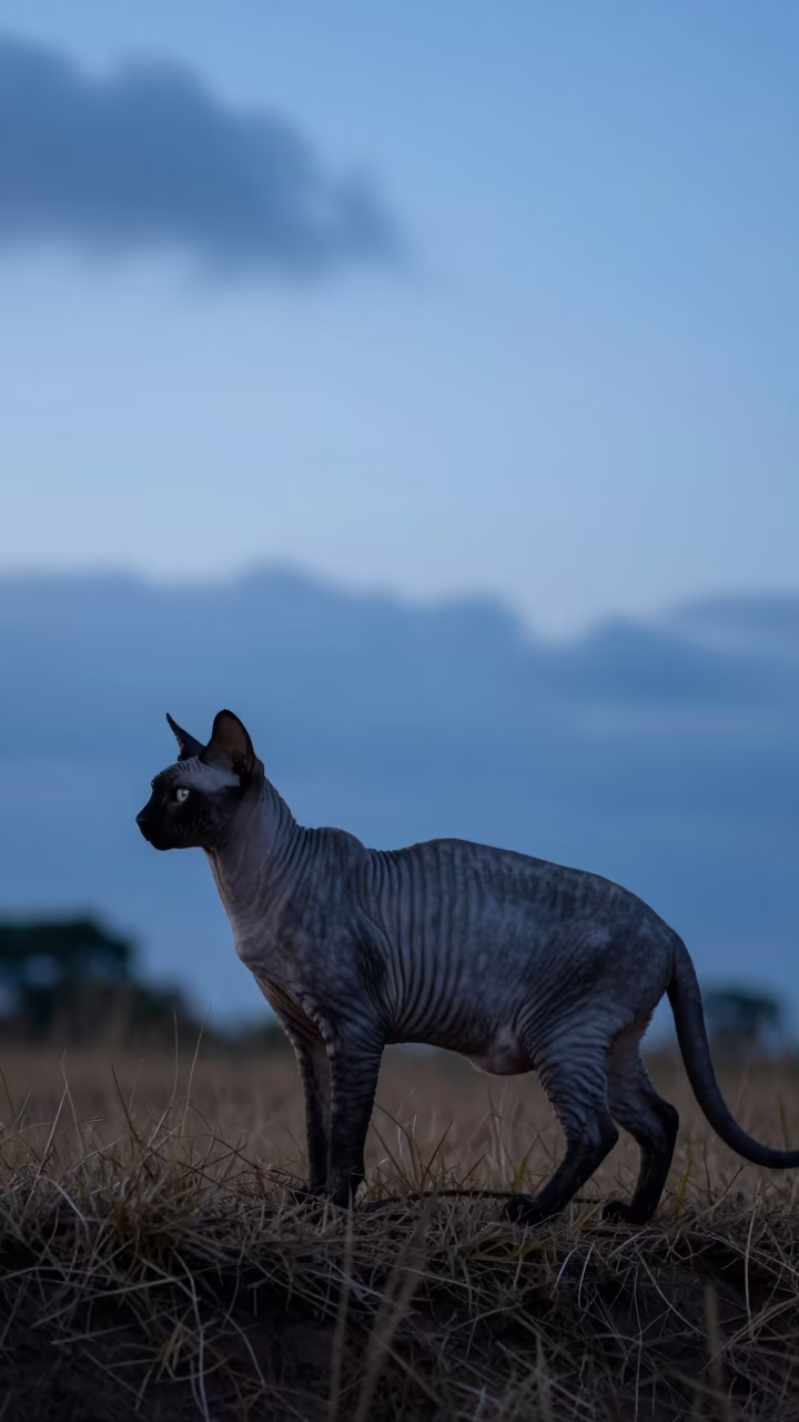 Peterbald Cat Silhouette at Garden Edge in near a garden edge with soft morning light and an uncluttered background in Chililabombwe