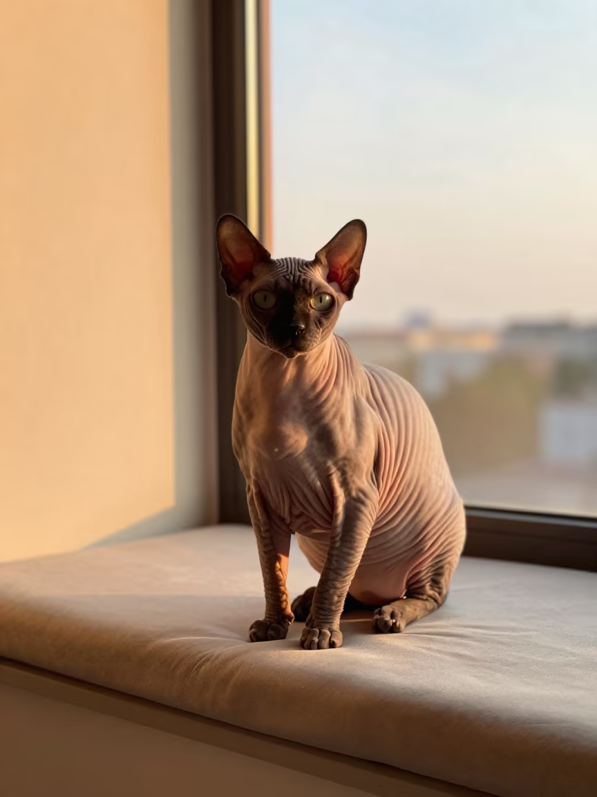Peterbald Portrait on Window Seat in Manaus in on a cushioned window seat with soft side light and an uncluttered background in Manaus