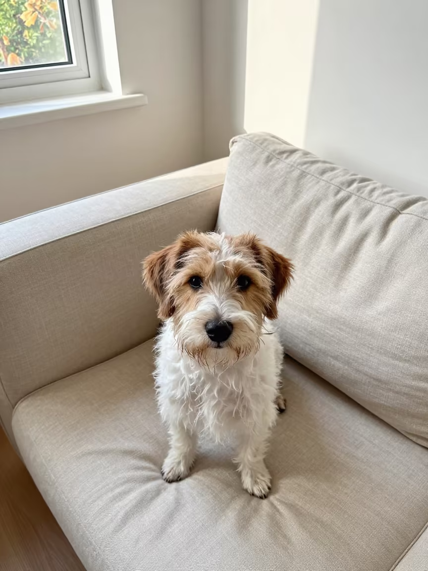 Petit Basset Griffon Vendéen on Linen Sofa in on a linen sofa with daylight from a nearby window in Bonn