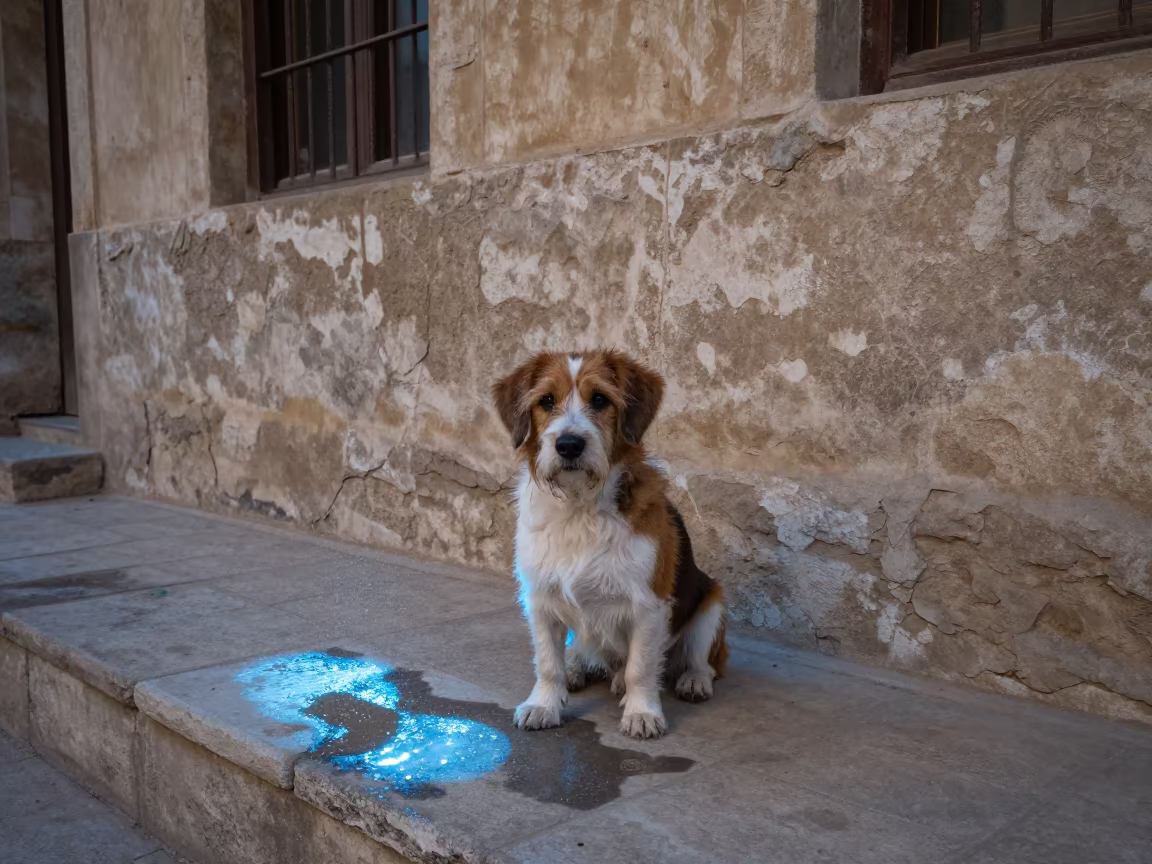 Petit Basset Griffon Vendéen on Mosul Porch in beside a plain courtyard wall in clear daylight with the animal at eye level in Mosul