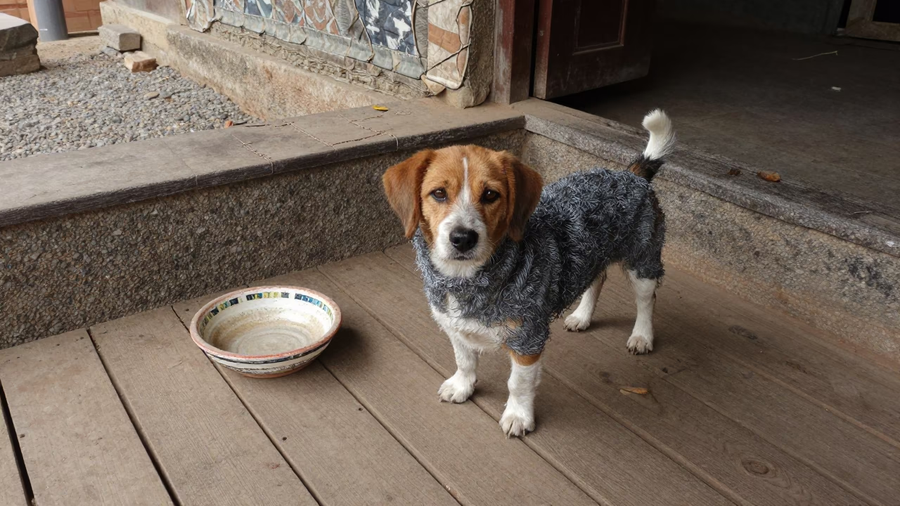 Petit Basset Griffon Vendéen on Shaded Akola Porch in on a shaded front porch with boards, railings, and eye-level framing in Akola