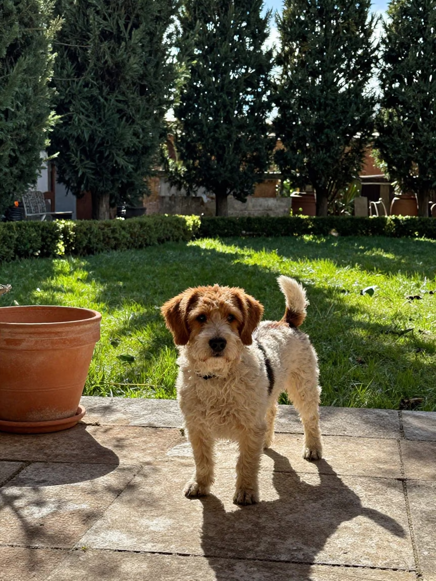 Petit Basset Griffon Vendéen on Sintra Porch in in a small yard with clipped grass, calm light, and the animal centered in frame near Sintra