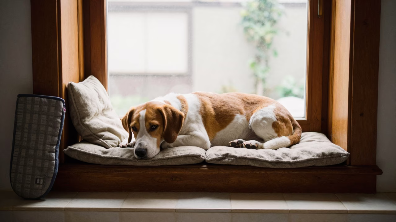 Petit Basset Griffon Vendéen on Window Seat in Opole in on a window seat in a quiet apartment with soft side light in Opole