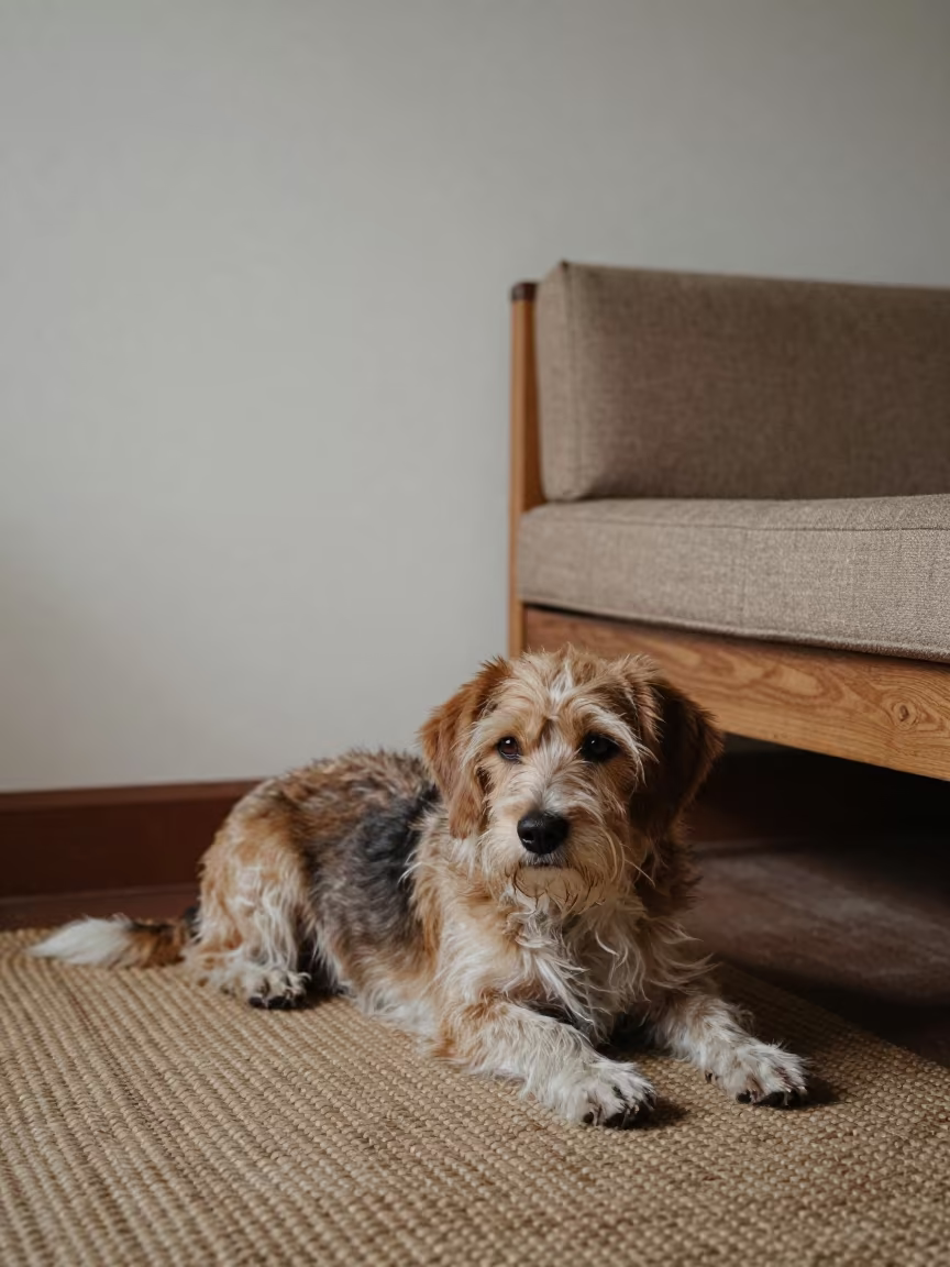 Petit Basset Griffon Vendéen on Woven Rug in on a woven rug beside a low couch and an uncluttered wall near San Antonio