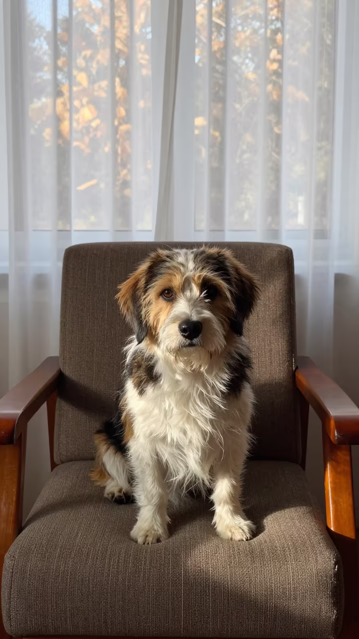 Petit Basset Griffon Vendéen Portrait Near Srinagar Window in on a sofa near a curtained window with calm indoor light near Srinagar