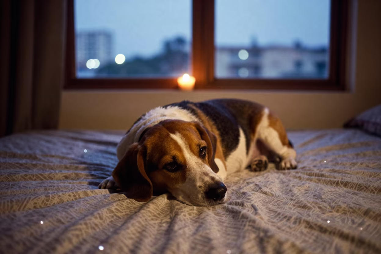 Petit Basset Griffon Vendéen Resting Near Window in on a bedspread near a bright window with calm indoor light near Visakhapatnam