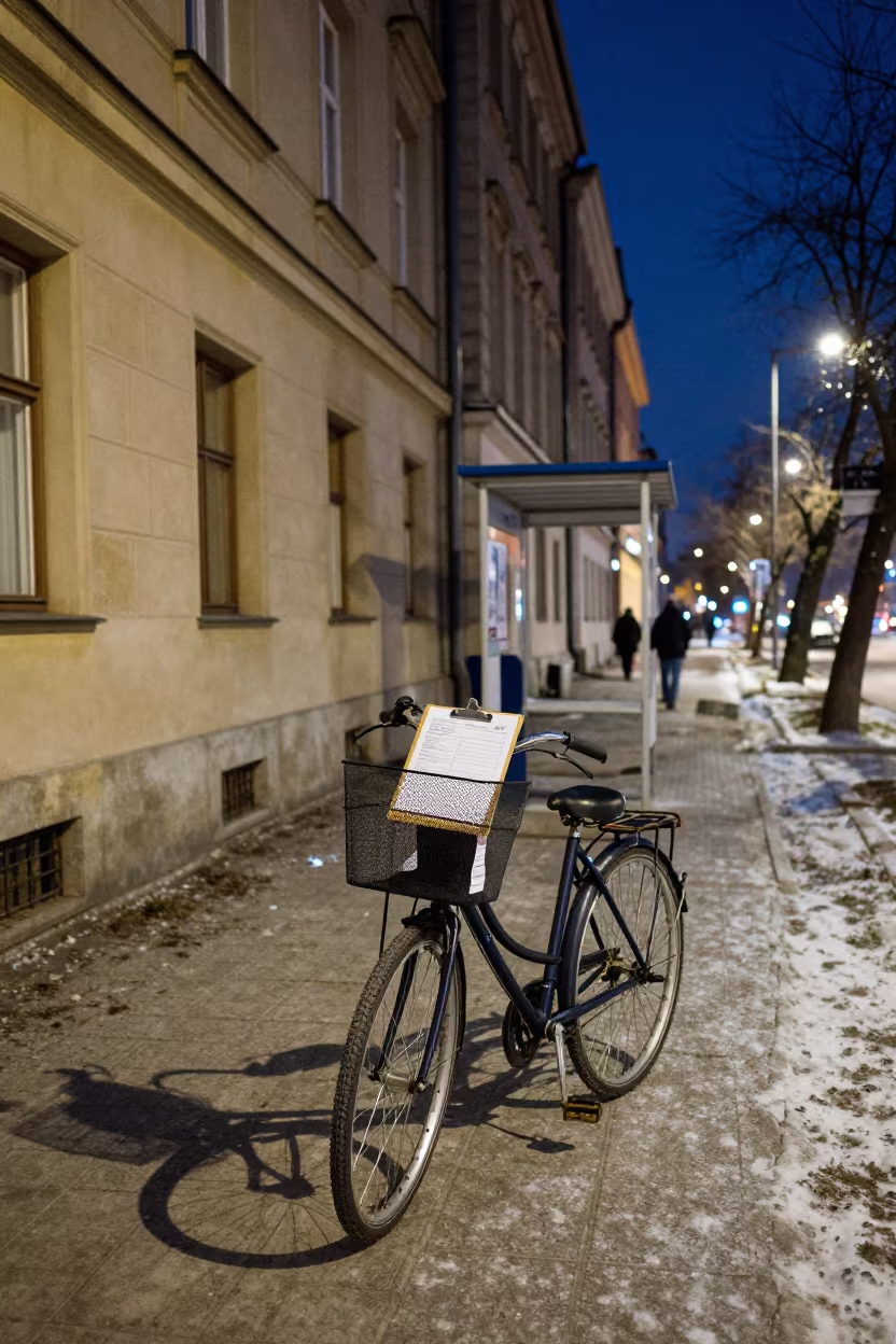 Petition Clipboard in Bike Basket Outside Warsaw Polling Station in outside a polling station entrance in Wola, Warsaw