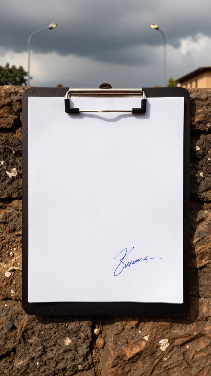 Petition Sheet on Clipboard Under Floodlights in beneath government building floodlights near Bahir Dar