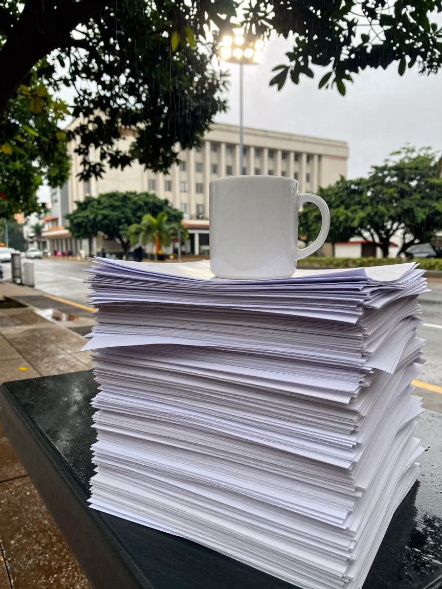 Petition Stack with Coffee Mug at Transit Stop in beneath government building floodlights in Ciego de Ávila