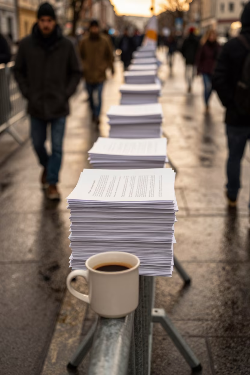 Petition Stack Weighted by Coffee Mug at Zagreb Protest in along barricaded protest routes in Zagreb