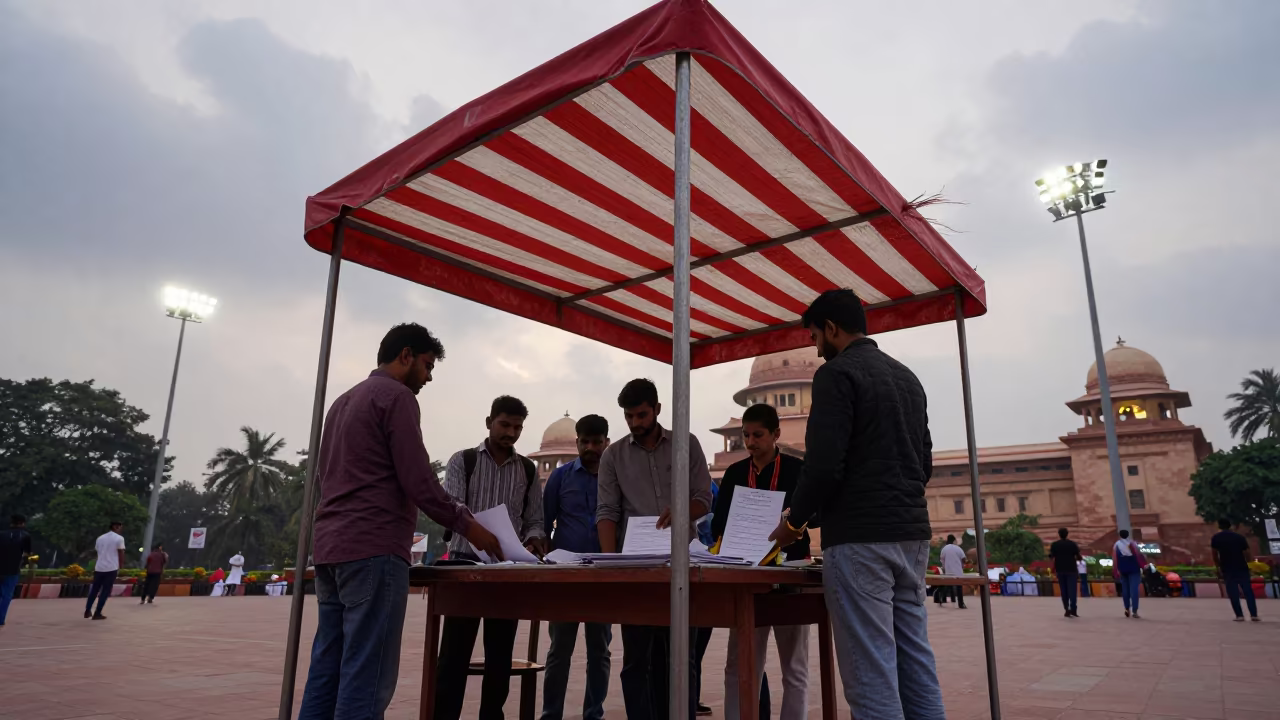 Petition Table Under Striped Canopy Delhi in beneath government building floodlights in Delhi