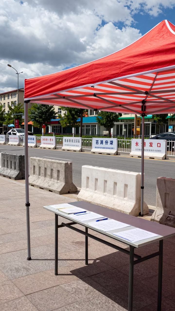 Petition Table Under Striped Canopy in Hohhot in along barricaded protest routes in Hohhot