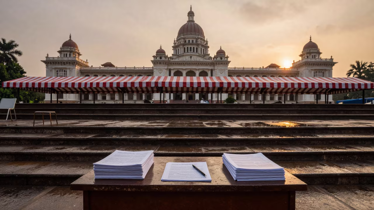 Petition Table Under Striped Canopy at Madurai City Hall in on the steps of city hall in Madurai