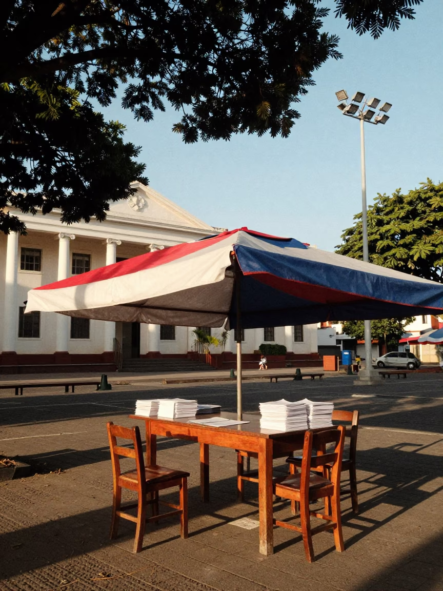Petition Table Under Striped Canopy Maputo in beneath government building floodlights in Maputo