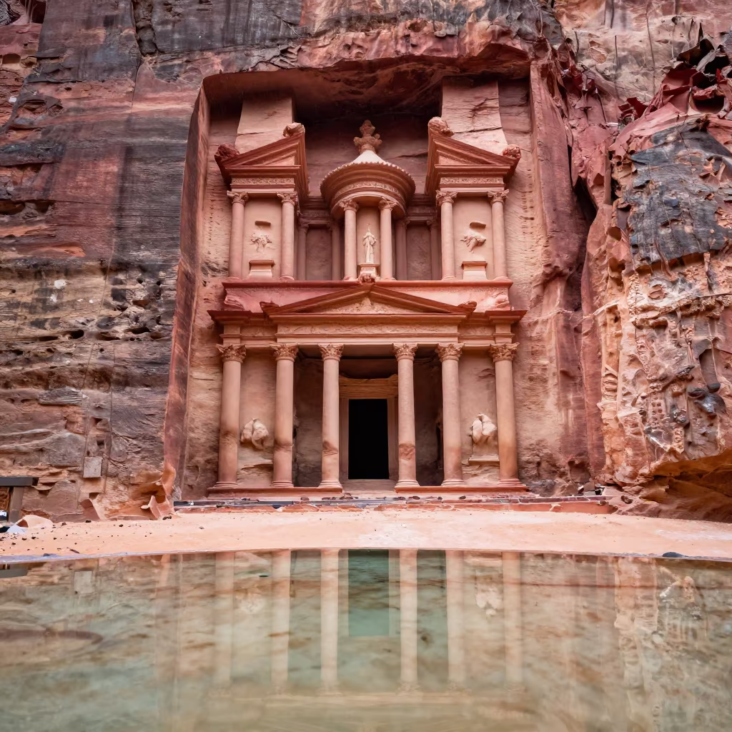 Rose-Red Petra Facade Reflected in Drizzle in along a colonnaded facade in Tohoku
