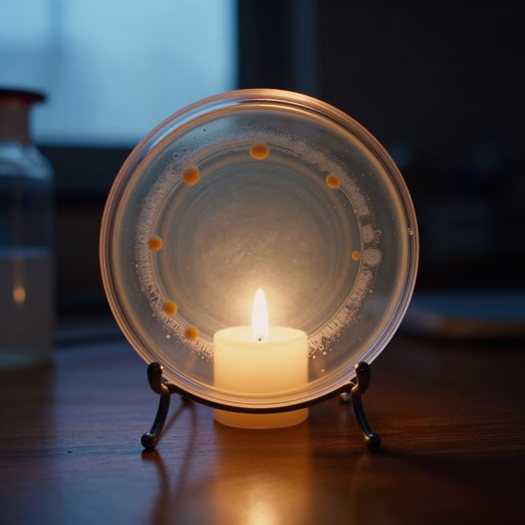 Petri Dish Colony Ringed by Condensation in Lab Light in inside a university research lab near Kerman