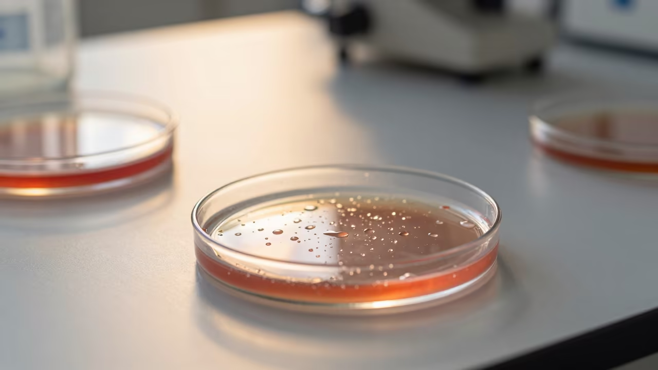 Petri Dish Colony with Condensation on Workbench in at an engineering workbench in Bucharest