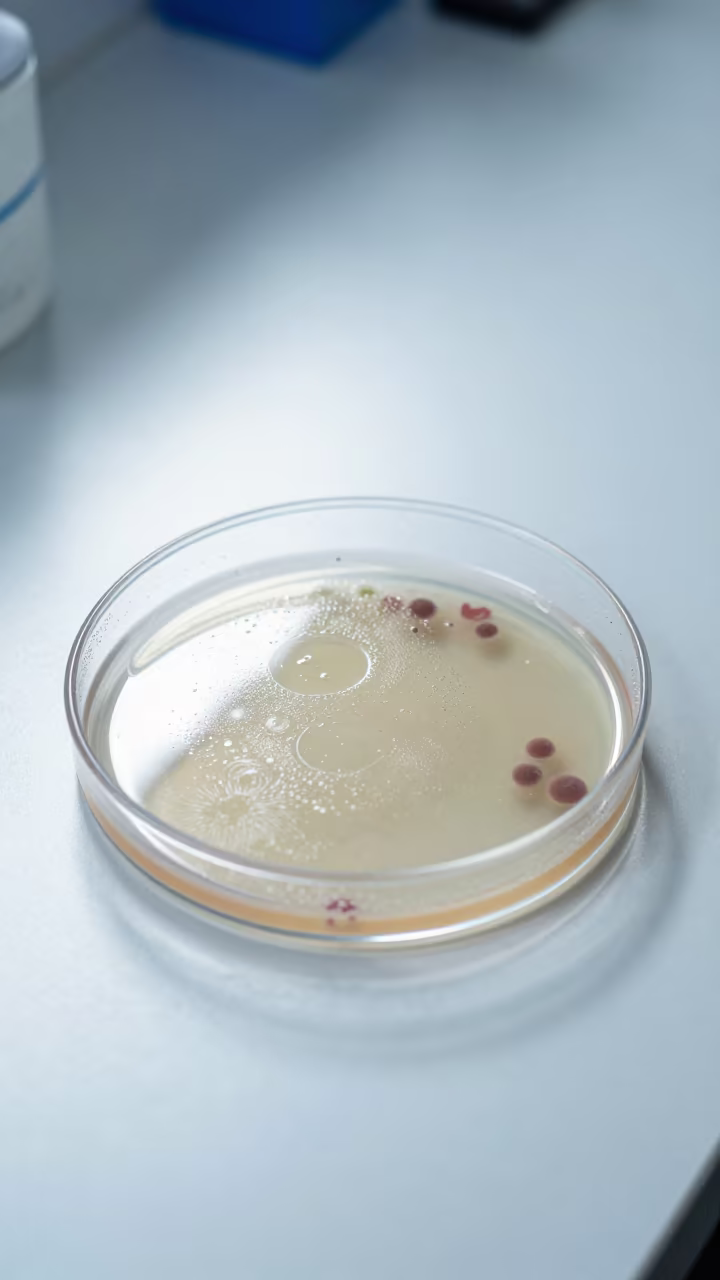 Petri Dish Colony Under Lab Light in at a microscopy bench in El Jadida