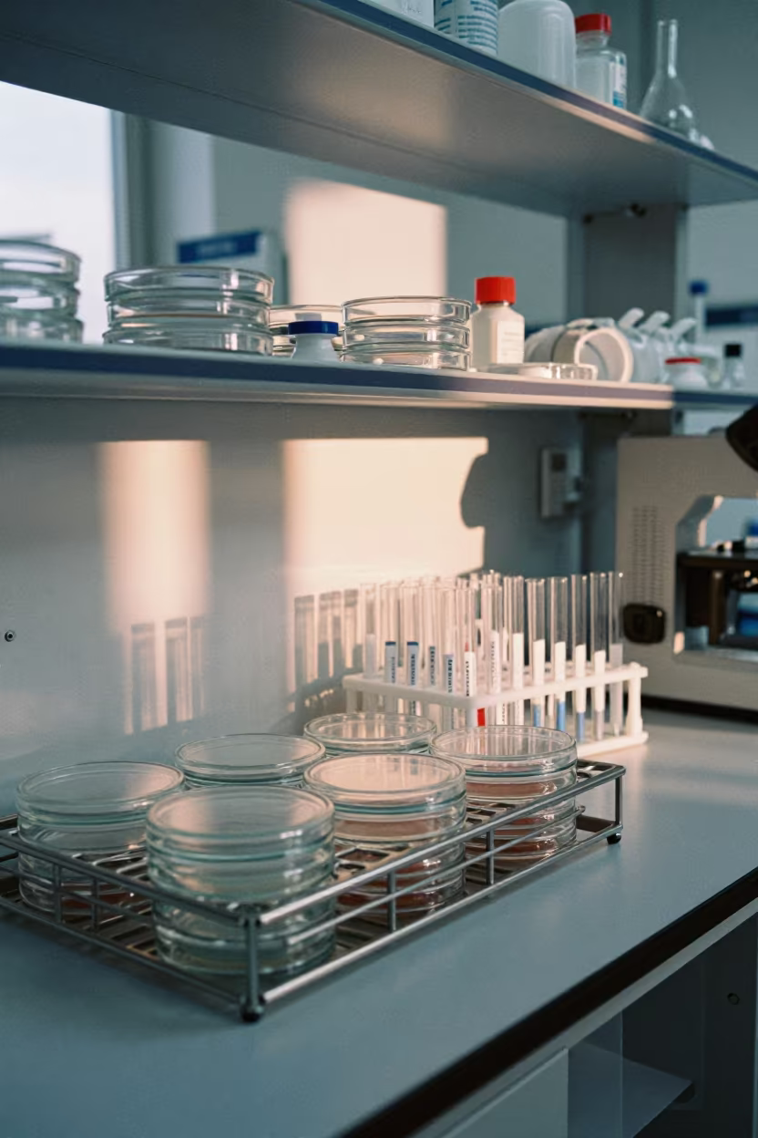 Petri Dish Rack With Tagged Tubes in Lab in inside a university research lab near Gyeongju