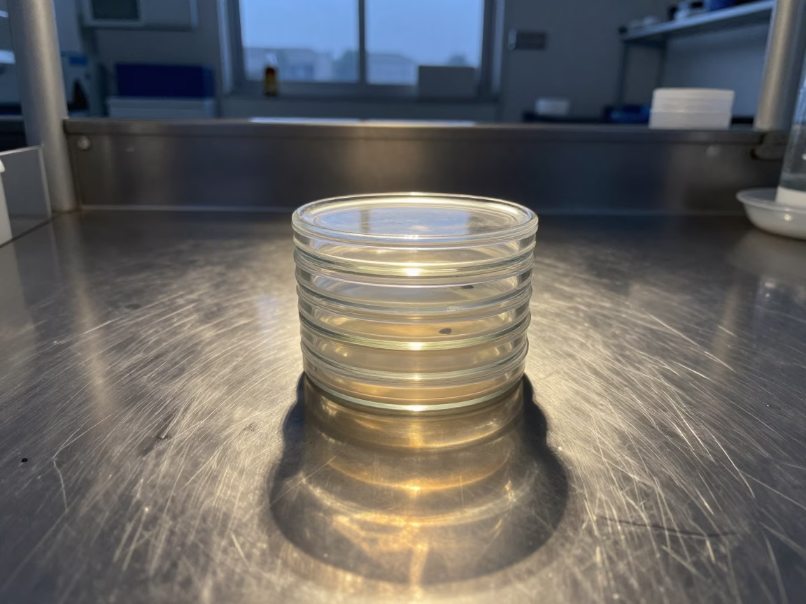Stacked Petri Dishes Cast Round Shadows on Lab Bench in at an engineering workbench in Hillah