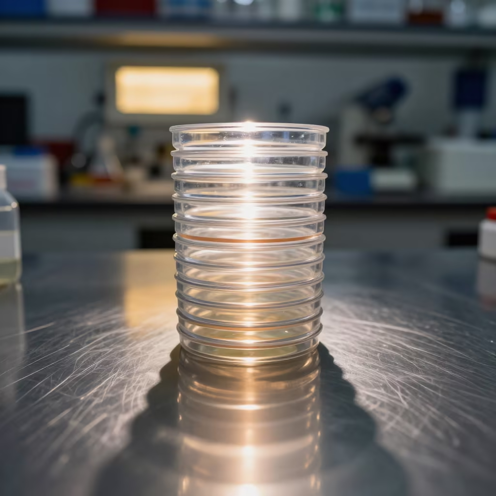 Petri Dish Stack Shadows on Lab Bench in at a microscopy bench in Dhaka