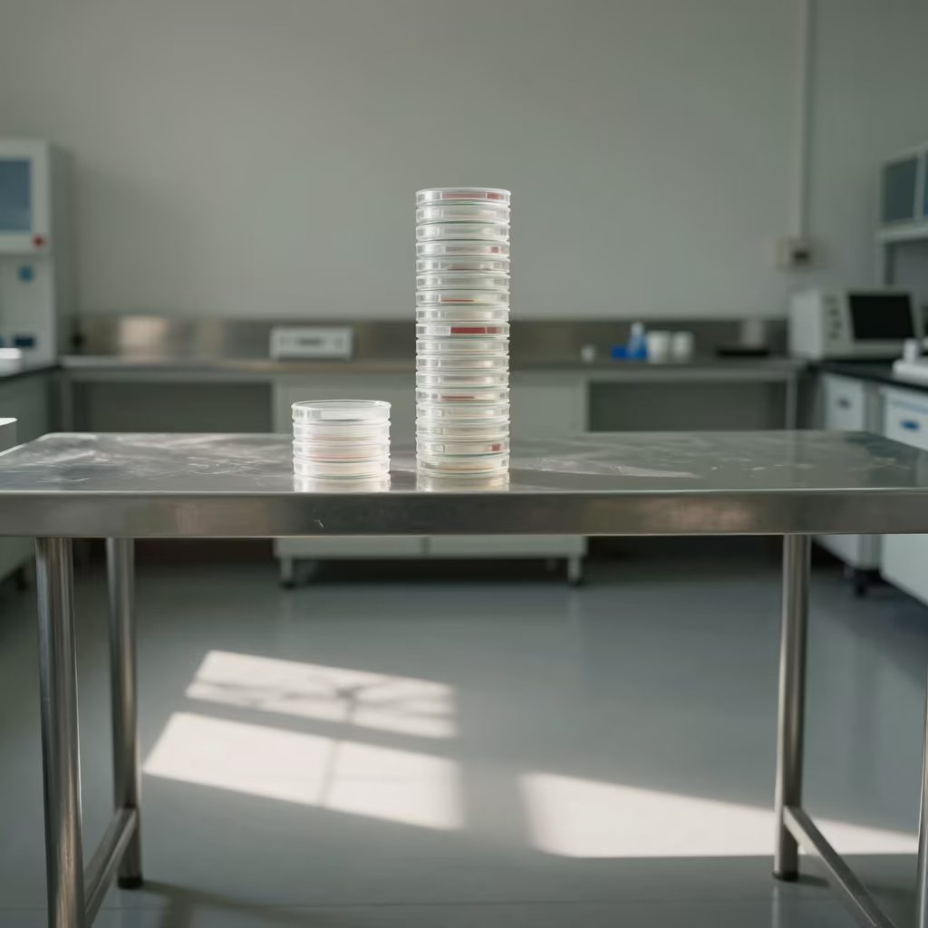 Petri Dish Stack Shadows on Lab Bench in inside an observatory control room in Gwalior