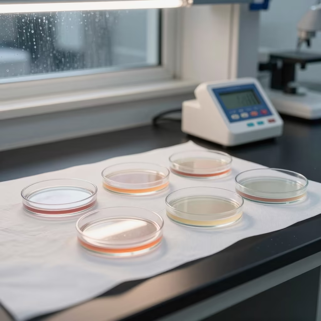 Petri dishes drying on pads in Al Hudaydah lab in inside an observatory control room in Al Hudaydah