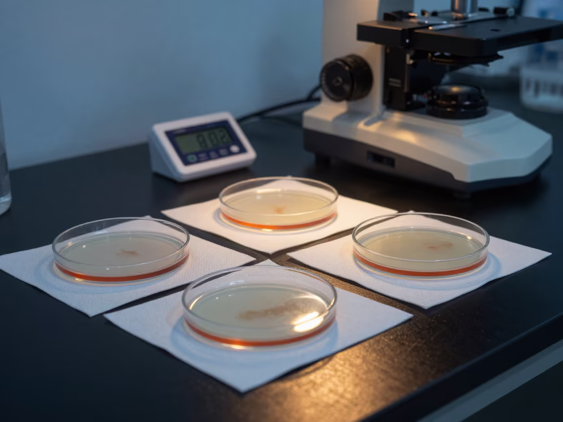 Petri Dishes Drying on Lab Bench in Manila Twilight in at a microscopy bench in Quiapo, Manila