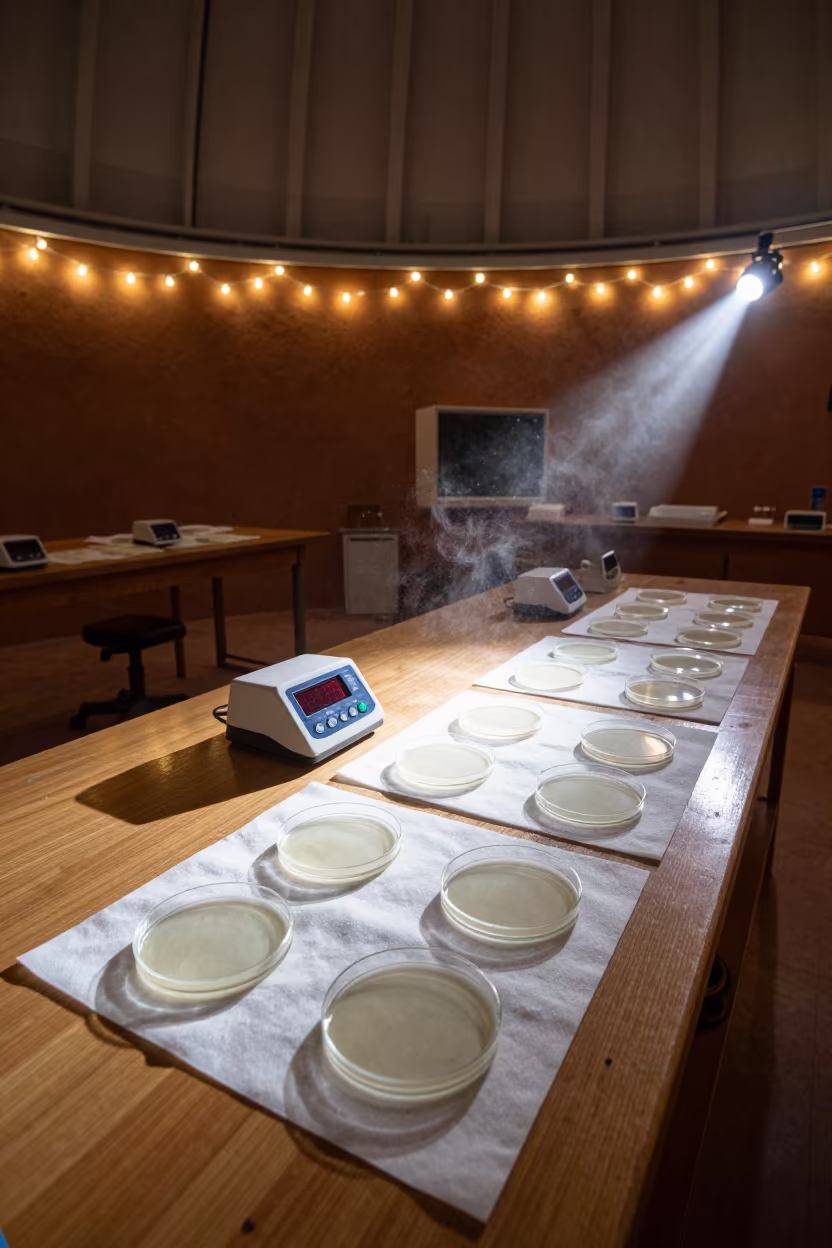 Petri Dishes Drying Near Observatory Lab Timer in inside an observatory control room near Kasbah, Marrakech