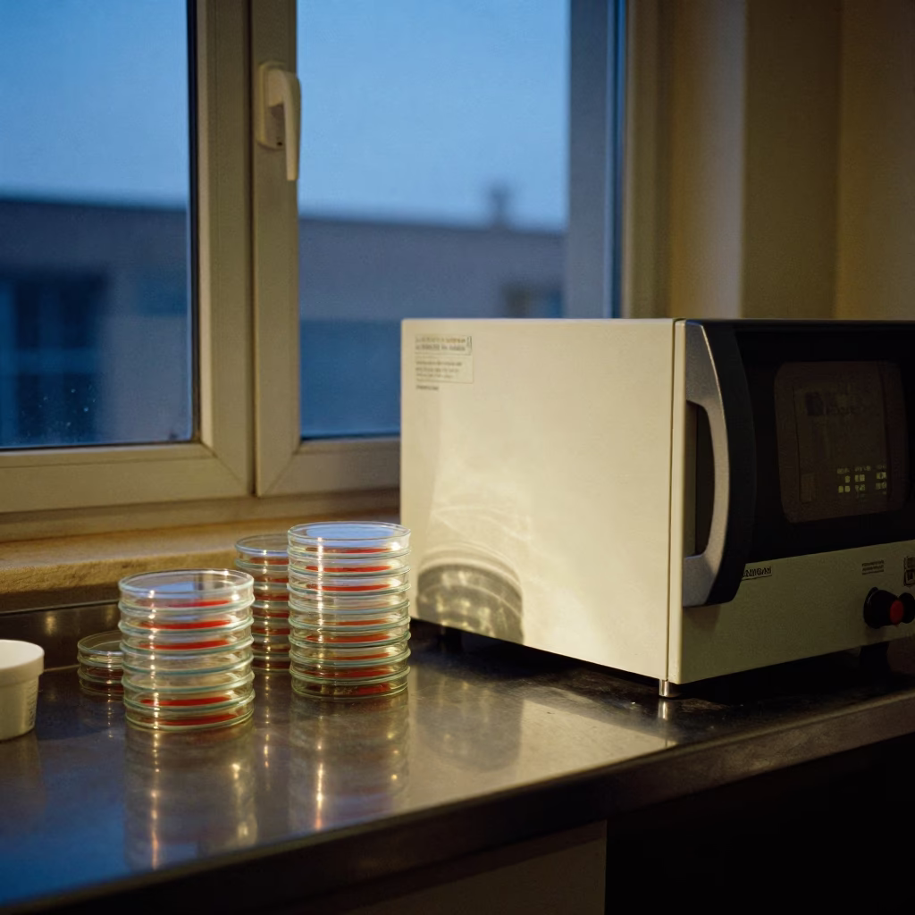 Petri Dishes Stack Beside Incubator in Beni Suef Lab in in a specimen archive room in Beni Suef