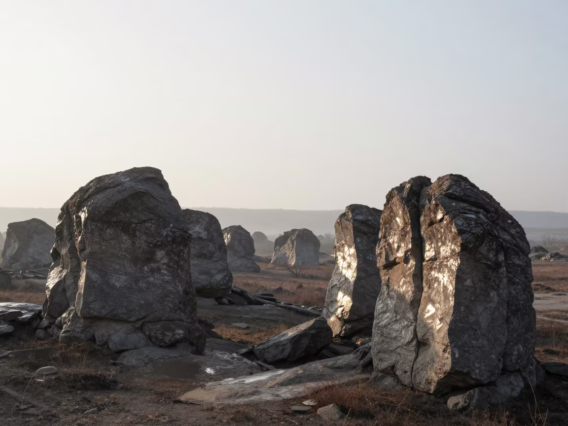 Petrified Forest in First Light Drizzle in across a wide valley floor near Plovdiv