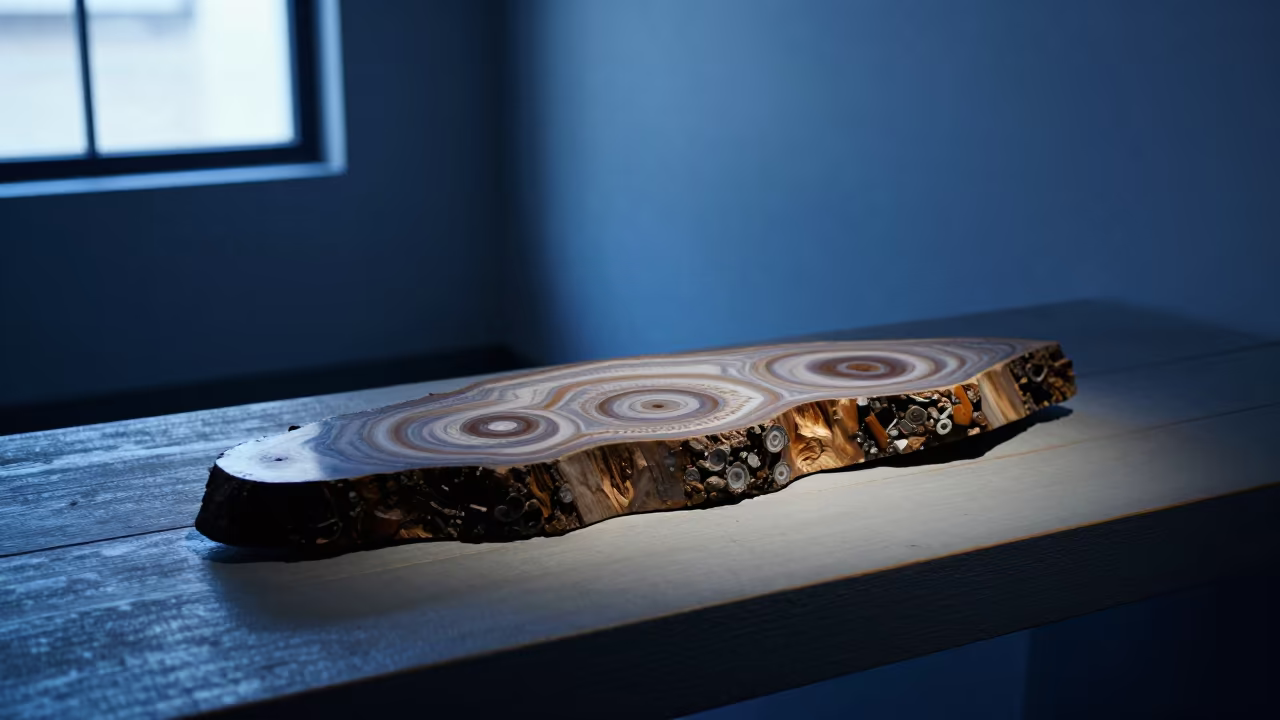 Petrified Wood Agate Rings Twilight Display in on a painted display ledge in Bucaramanga