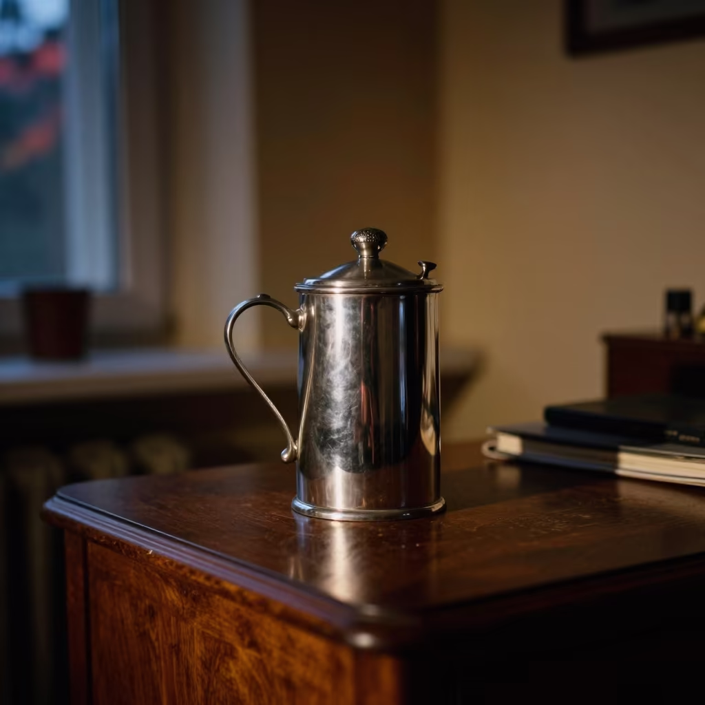 Pewter Tankard on Oak Desk in Moscow Dawn in on a writing desk in Patriarch Ponds, Moscow