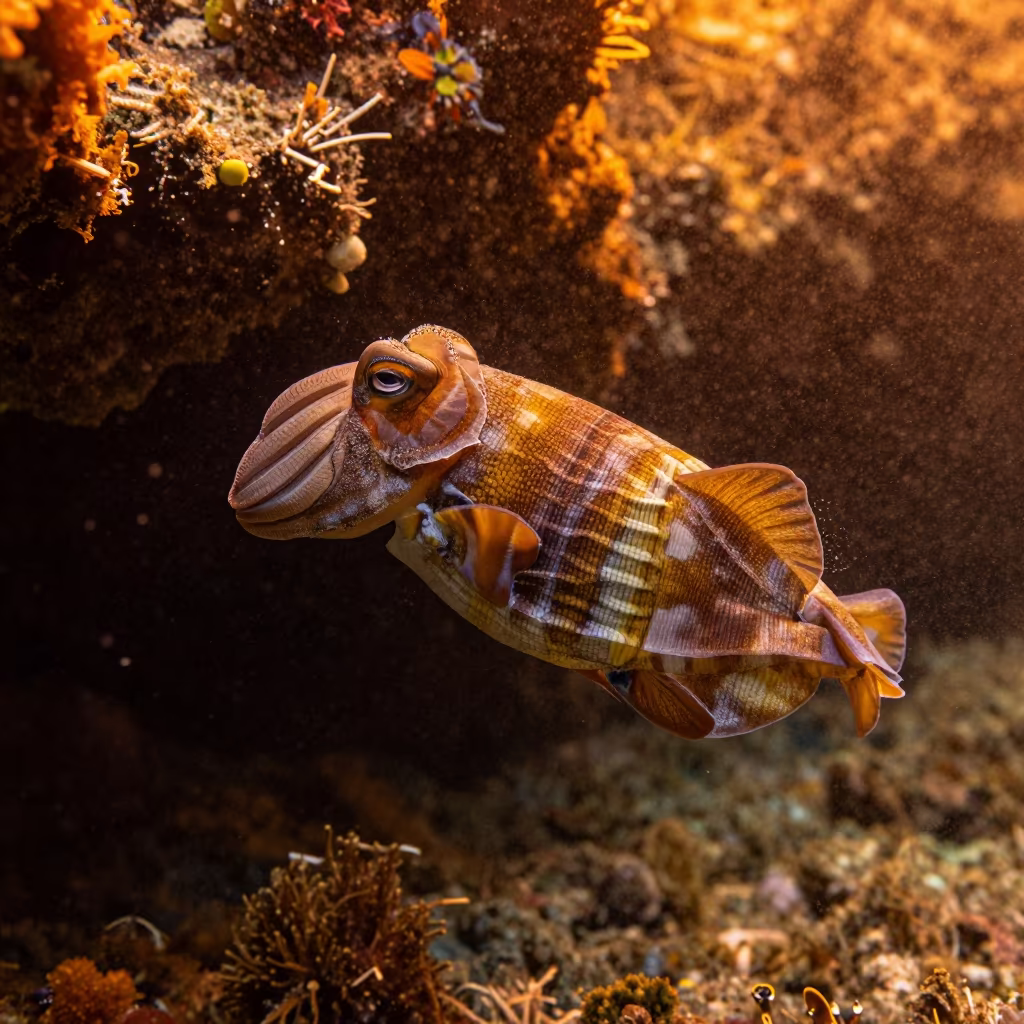 Pharaoh Cuttlefish Rippling Colors Over Belize Reef in beside a volcanic reef overhang near Belize City