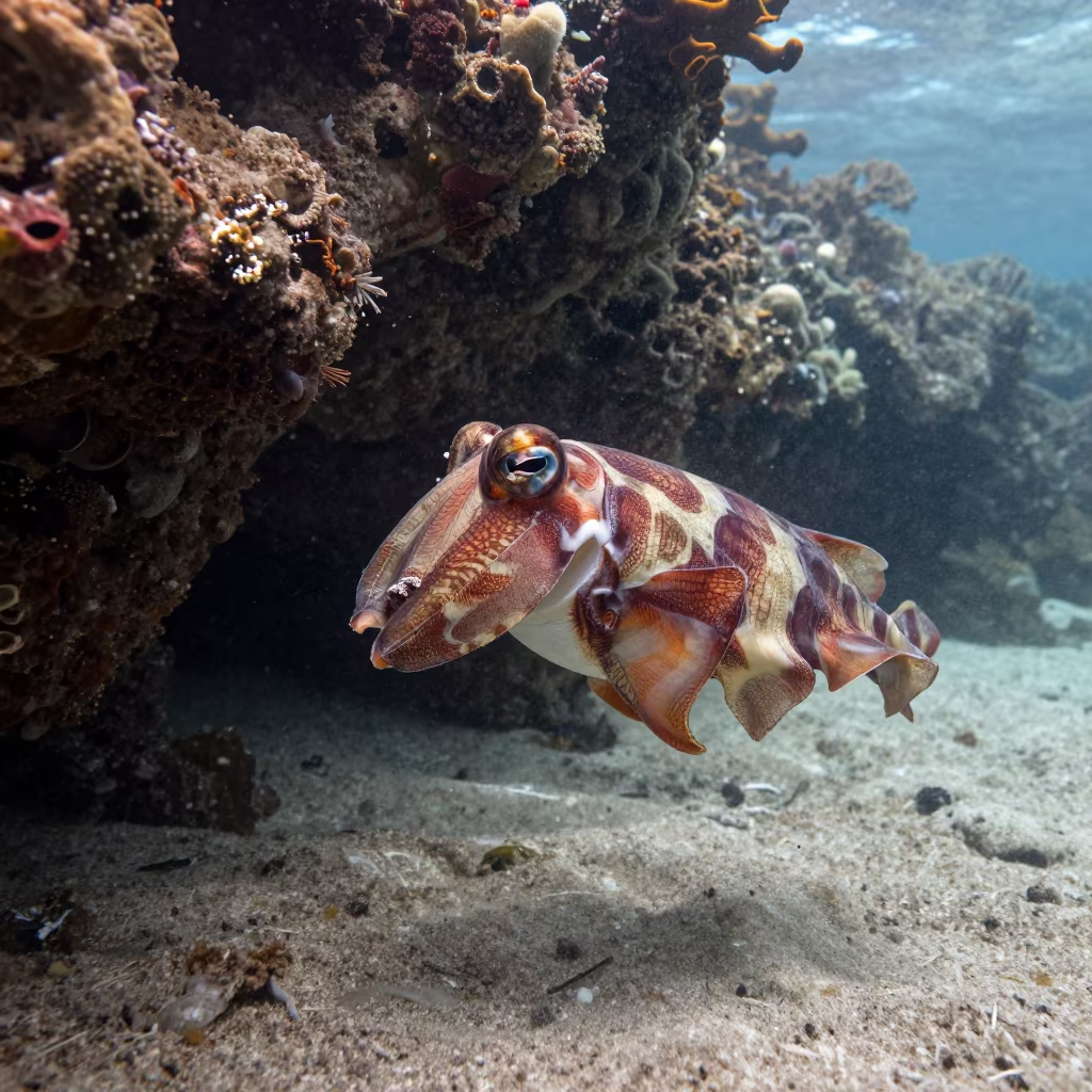 Pharaoh Cuttlefish Rippling Colors on Reef in beside a volcanic reef overhang near Cairns