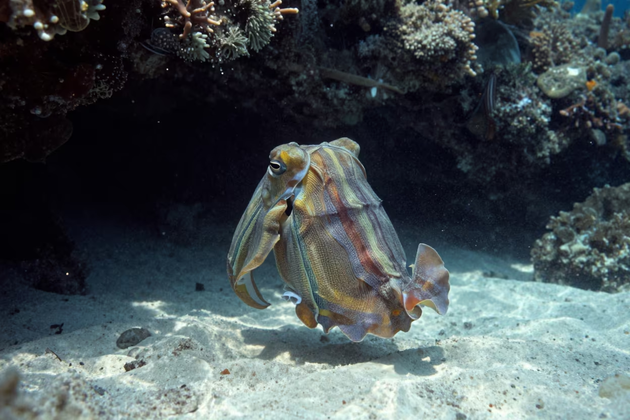 Pharaoh Cuttlefish Rippling Colors Under Reef in beneath a reef ledge in tropical shallows near Stone Town