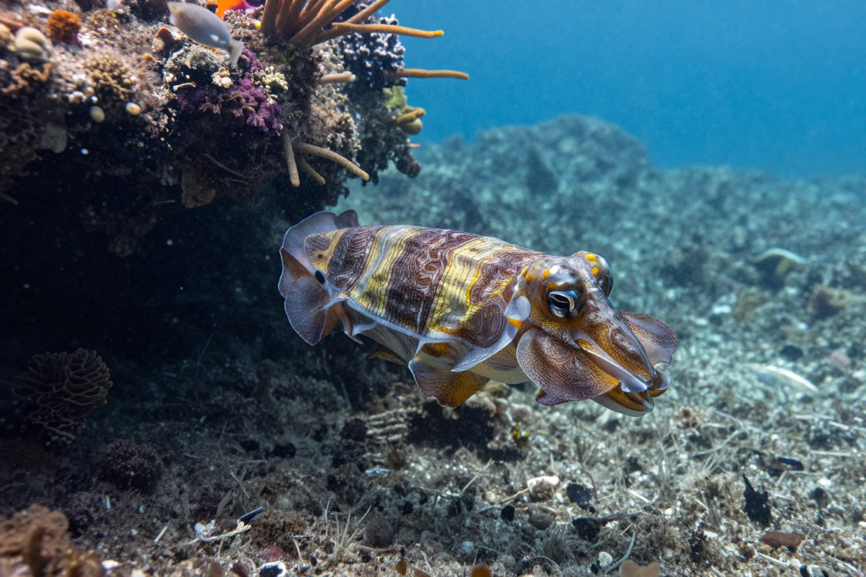 Pharaoh Cuttlefish Rippling Colors on Volcanic Reef in beside a volcanic reef overhang near Denpasar