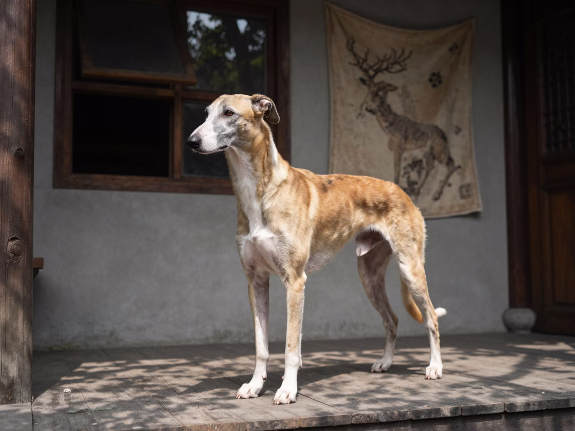 Pharaoh Hound on Chunxi Road Porch in on a shaded front porch with boards, railings, and eye-level framing in Chunxi Road, Chengdu
