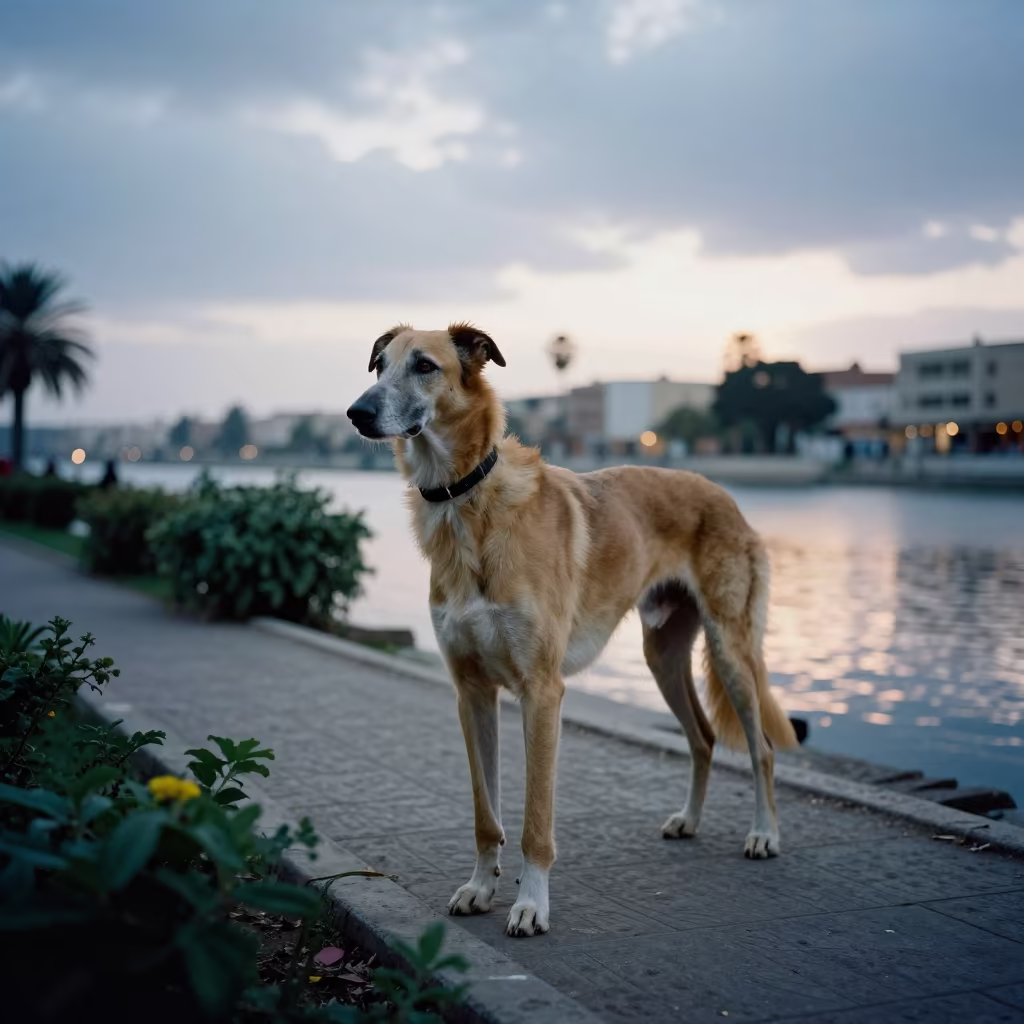 Pharaoh Hound on Park Path at Blue Hour in near a garden edge with soft morning light and an uncluttered background near Hargeisa