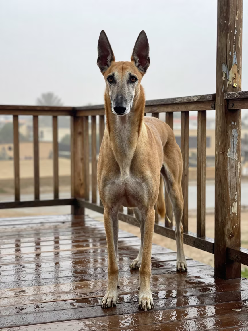 Pharaoh Hound on Shaded Porch Path in Winter in on a shaded front porch with boards, railings, and eye-level framing near Kafr el-Sheikh