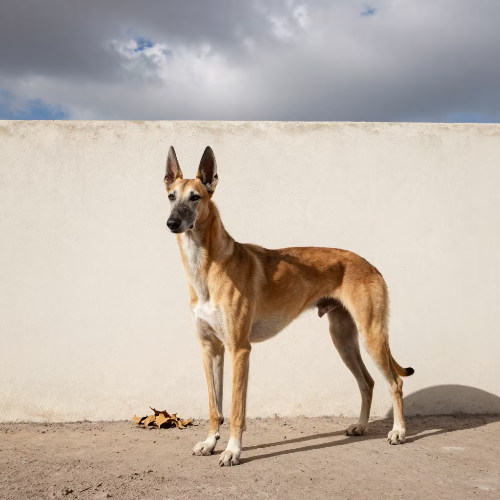 Pharaoh Hound Portrait Against Courtyard Wall in beside a plain courtyard wall in clear daylight with the animal at eye level near Huacho