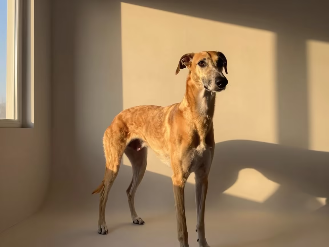 Pharaoh Hound Portrait in Maputo Autumn Studio Light in in a quiet portrait studio with a plain backdrop and eye-level framing in Maputo