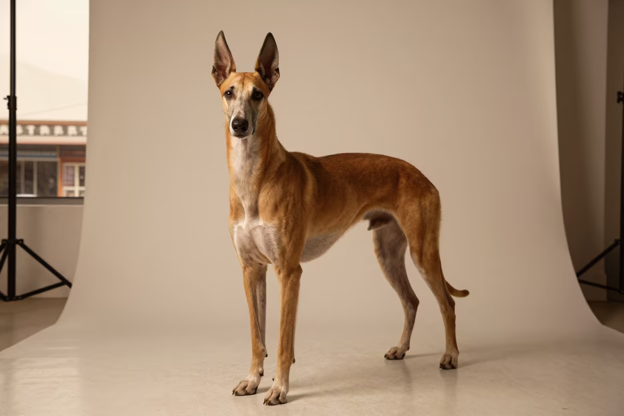 Pharaoh Hound Portrait in Sullana Studio Light in in a quiet portrait studio with a plain backdrop and eye-level framing near Sullana