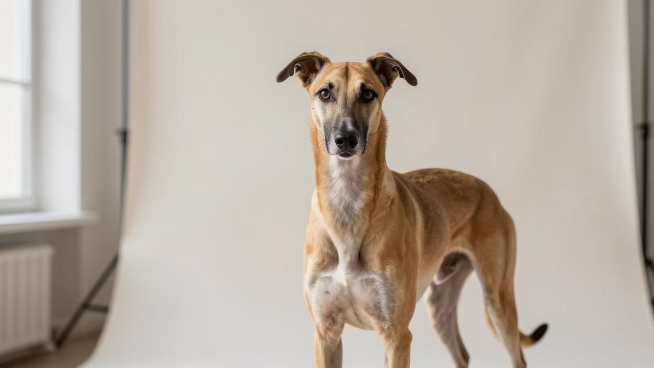 Pharaoh Hound Portrait in Tallinn Spring Light in in a quiet portrait studio with a plain backdrop and eye-level framing in Tallinn
