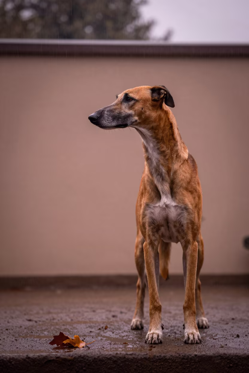 Pharaoh Hound Portrait Near Kisangani Courtyard Wall in beside a plain courtyard wall in clear daylight with the animal at eye level near Kisangani