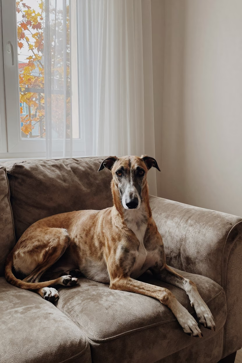 Pharaoh Hound Portrait on Diyarbakır Sofa in on a sofa near a curtained window with calm indoor light near Diyarbakır