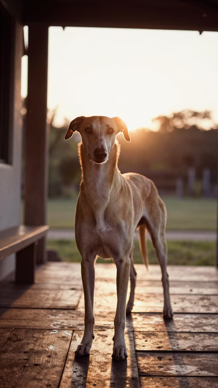 Pharaoh Hound Portrait on Recife Porch at Sunset in on a shaded front porch with boards, railings, and eye-level framing in Recife