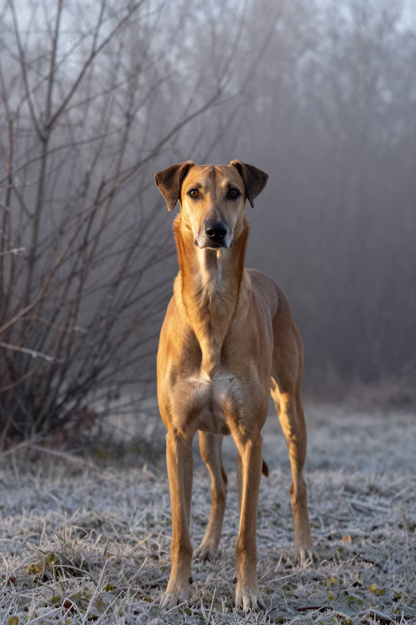 Pharaoh Hound Portrait Winter Morning Riga in near a garden edge with soft morning light and an uncluttered background in Riga
