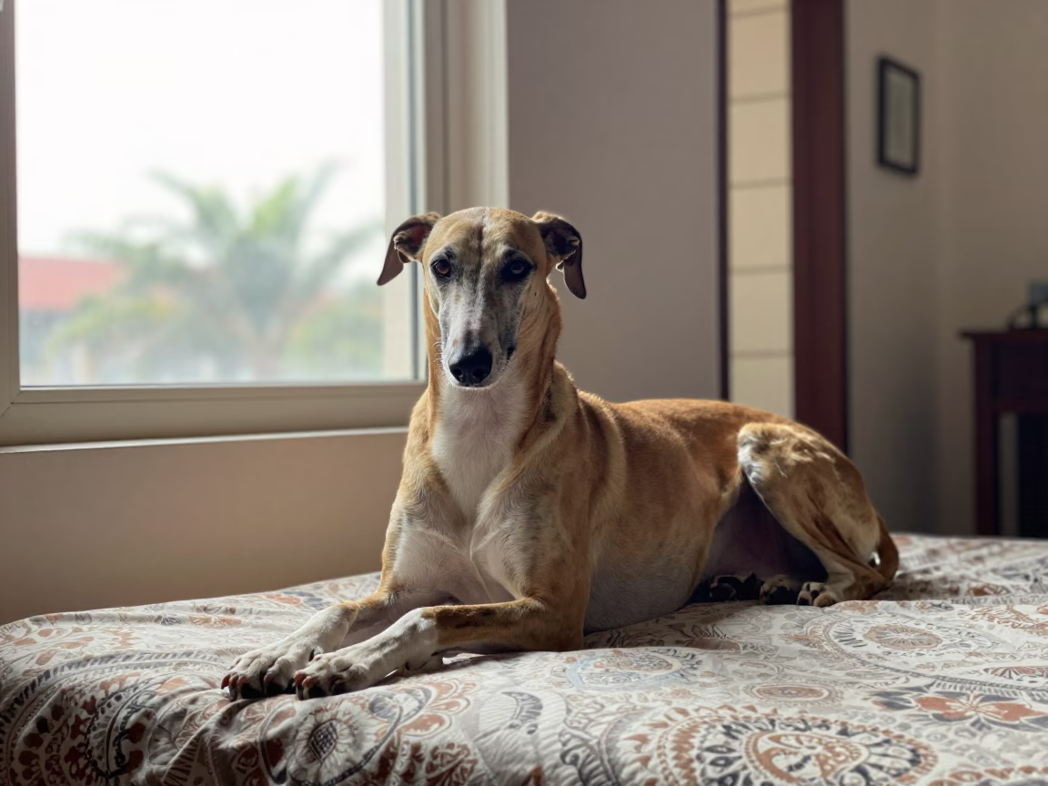 Pharaoh Hound Resting on Bedspread in Chittagong Light in on a bedspread near a bright window with calm indoor light in Chittagong